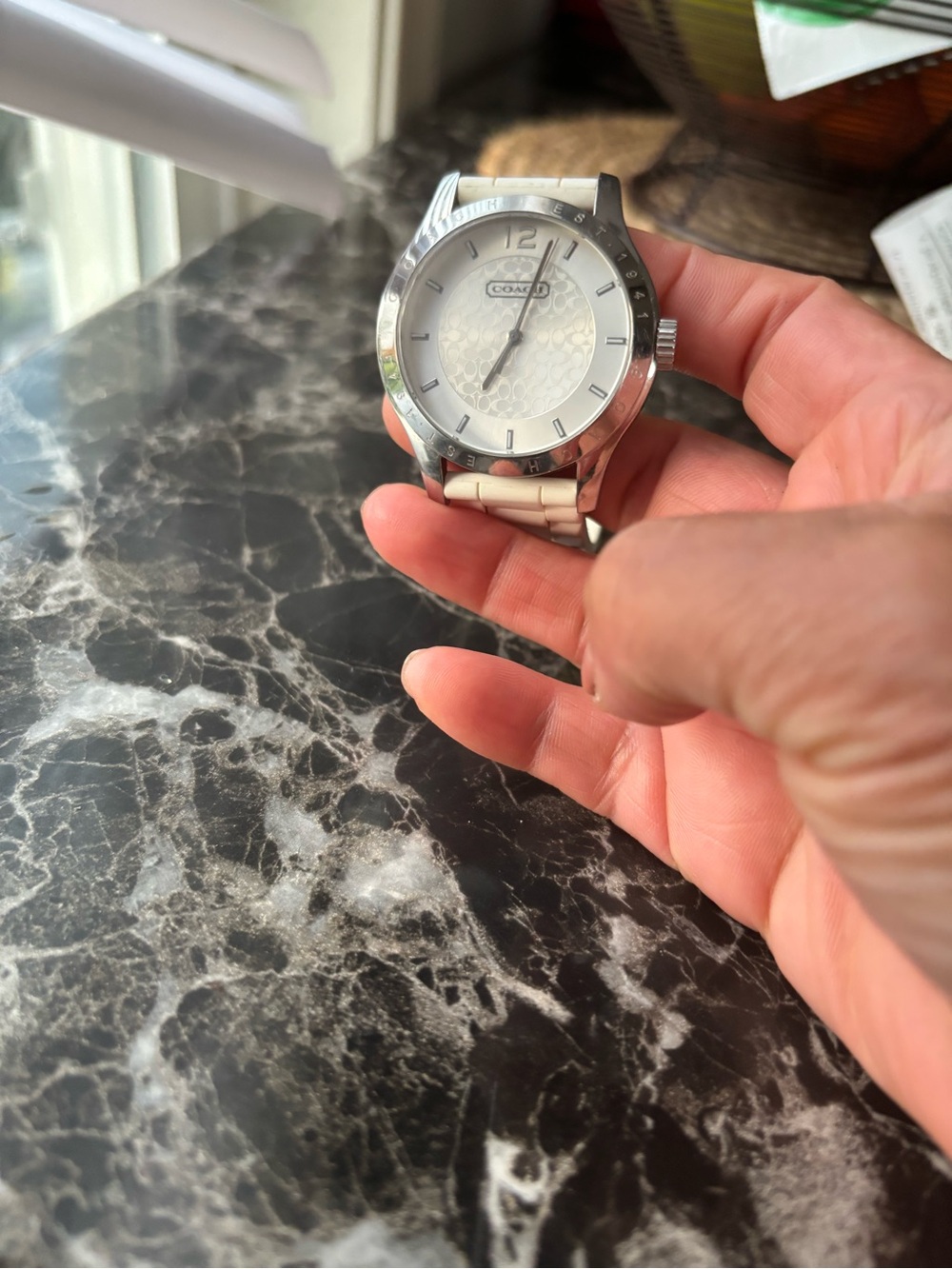 Coach Men’s Silver Watch with Cream Dial and Strap Accents